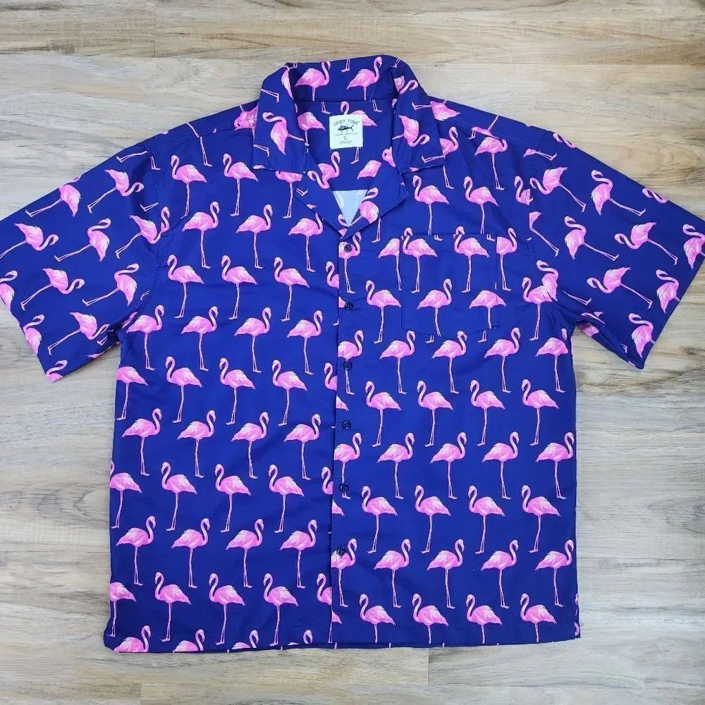 🔺️Spicy Tuna Blue w/Pink Flamingo Buttoned Short Sleeve Shirt Men's XLarge